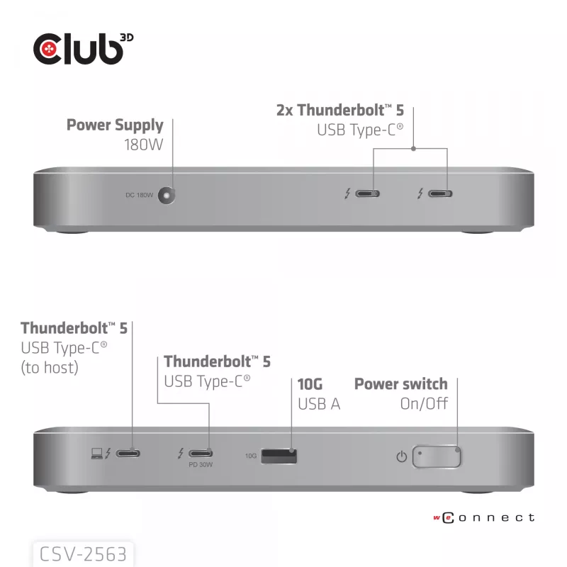 CLUB3D CSV-2563 5-1 Thunderbolt™ 5 Hub su trigubu vaizdu 5K60Hz, Thunderbolt™ Share, sertifikuotas, 180W