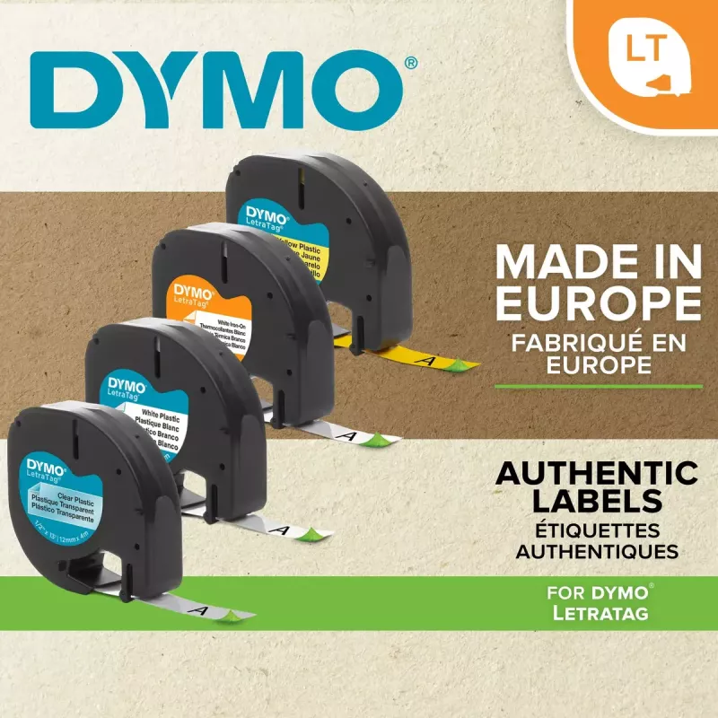 DYMO LetraTag plastikinės etiketės | 12 mm x 4 m rulonas | Juodas tekstas ant skaidraus fono | Universalios lipnios etiketės, skirtos LetraTag etikečių spausdintuvams