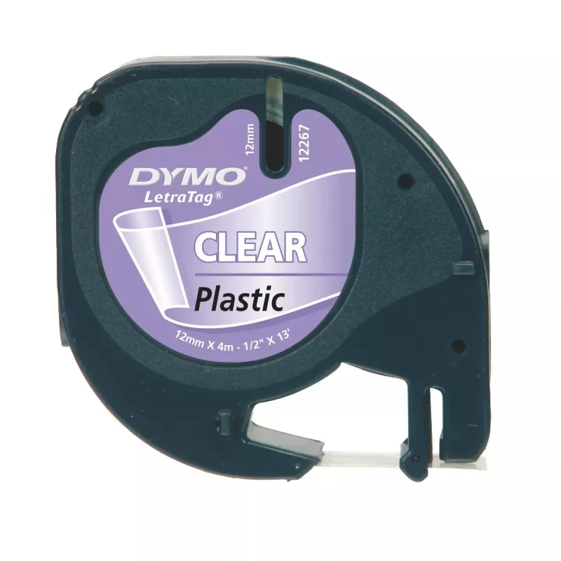 DYMO LetraTag plastikinės etiketės | 12 mm x 4 m rulonas | Juodas tekstas ant skaidraus fono | Universalios lipnios etiketės, skirtos LetraTag etikečių spausdintuvams