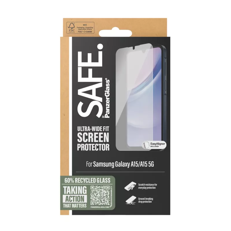 PanzerGlass SAFE. apsauginis stiklas Samsung Galaxy A15 | A15 5G | Ultra-Wide Fit su EasyAligner