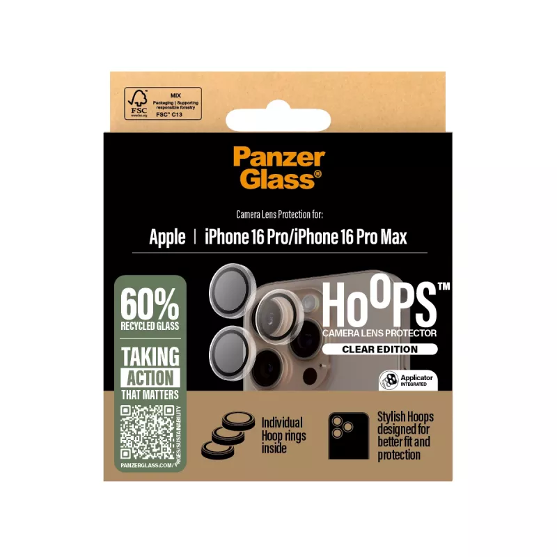 PanzerGlass® Hoops® kameros lęšio apsauga skaidri, skirta iPhone 16 Pro | 16 Pro Max