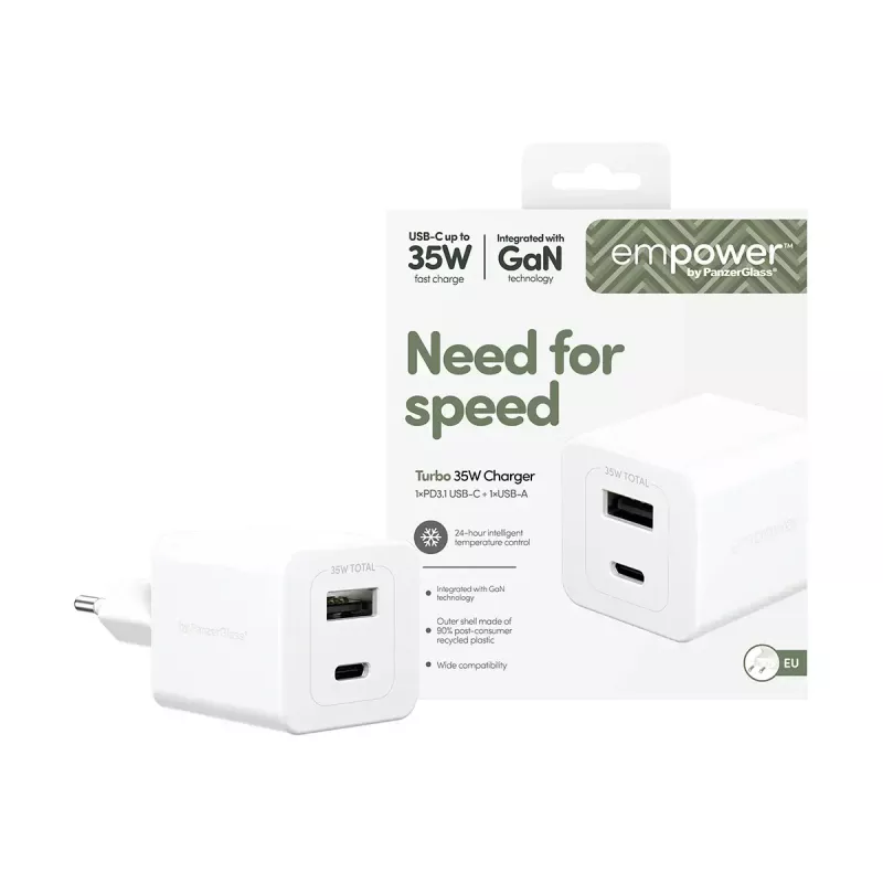 PanzerGlass empower™ by ® Turbo 35W įkroviklis su USB-C + USB-A | EU kištukas | Sidabrinė balta