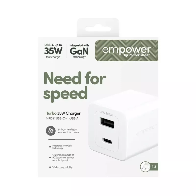 PanzerGlass empower™ by ® Turbo 35W įkroviklis su USB-C + USB-A | EU kištukas | Sidabrinė balta