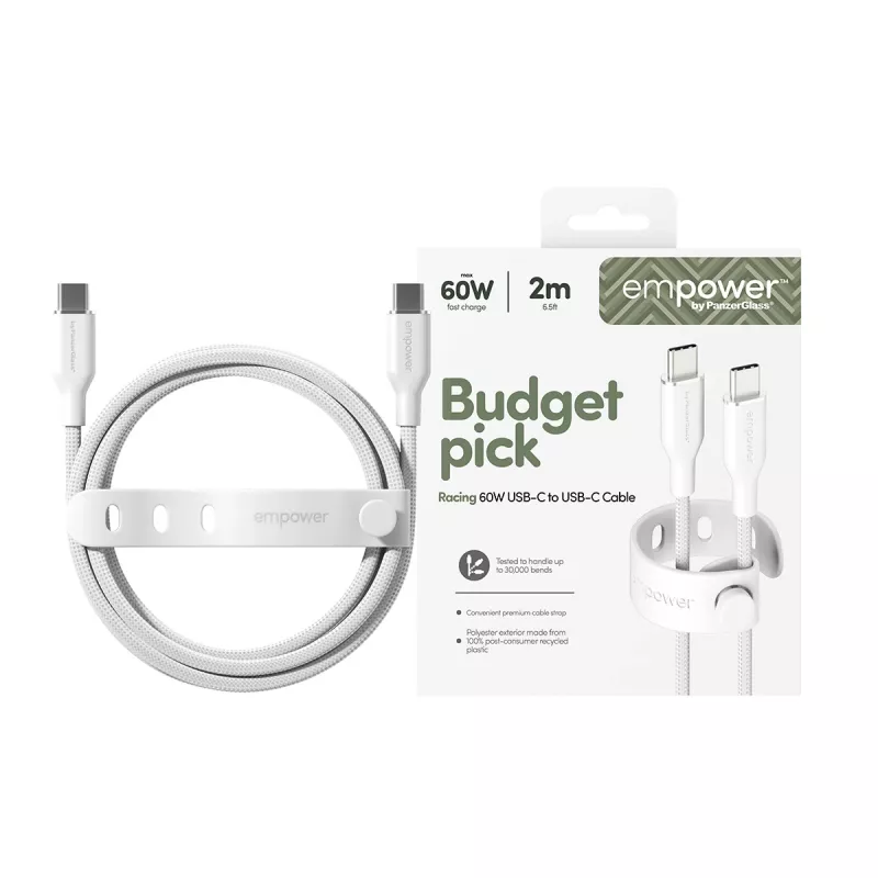 PanzerGlass empower™ by ® Racing USB-C į USB-C laidas, 60 W, USB 2.0, 2 m, sidabriškai baltas