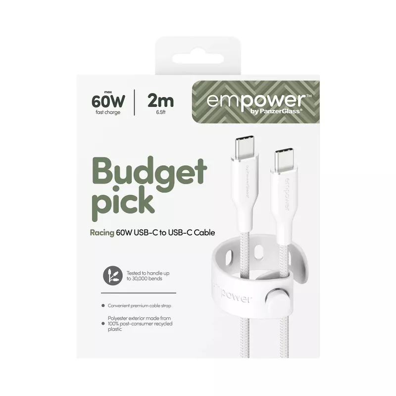 PanzerGlass empower™ by ® Racing USB-C į USB-C laidas, 60 W, USB 2.0, 2 m, sidabriškai baltas
