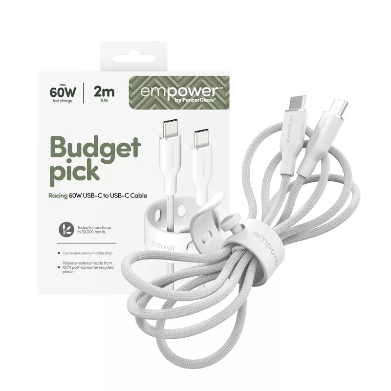 PanzerGlass empower™ by ® Racing USB-C į USB-C laidas, 60 W, USB 2.0, 2 m, sidabriškai baltas