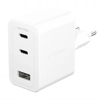 PanzerGlass empower™ by ® Turbo 70W kelių įrenginių įkroviklis su 2x USB-C + USB-A | EU kištukas | sidabriškai baltas