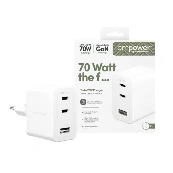 PanzerGlass empower™ by ® Turbo 70W kelių įrenginių įkroviklis su 2x USB-C + USB-A | EU kištukas | sidabriškai baltas