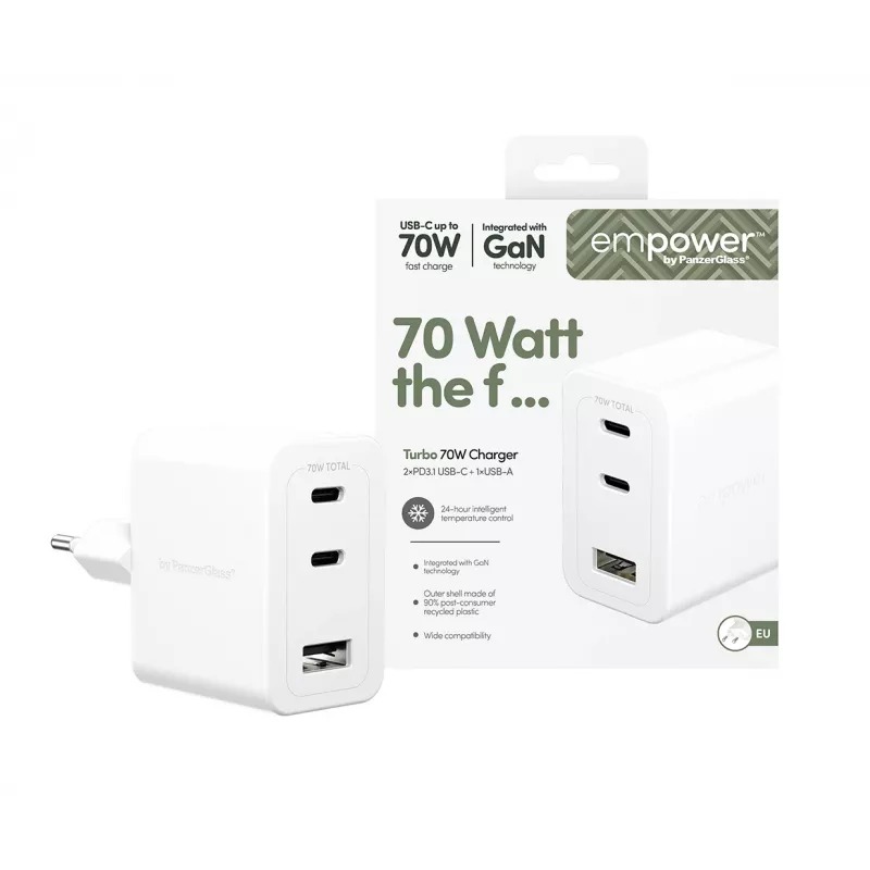 PanzerGlass empower™ by ® Turbo 70W kelių įrenginių įkroviklis su 2x USB-C + USB-A | EU kištukas | sidabriškai baltas