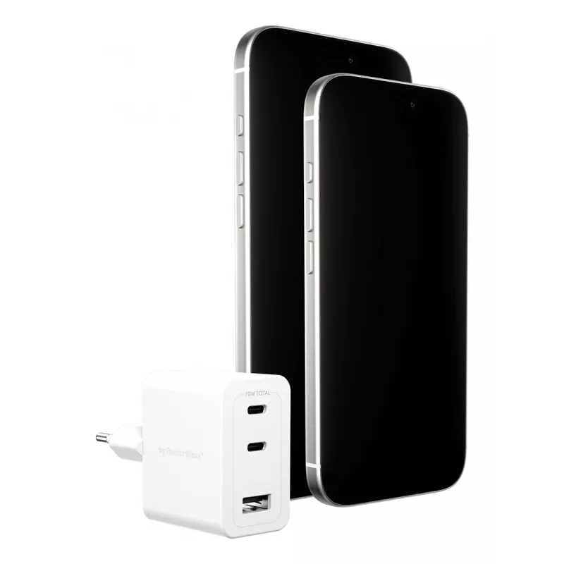 PanzerGlass empower™ by ® Turbo 70W kelių įrenginių įkroviklis su 2x USB-C + USB-A | EU kištukas | sidabriškai baltas