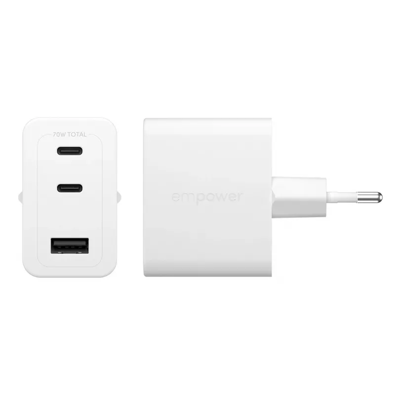 PanzerGlass empower™ by ® Turbo 70W kelių įrenginių įkroviklis su 2x USB-C + USB-A | EU kištukas | sidabriškai baltas