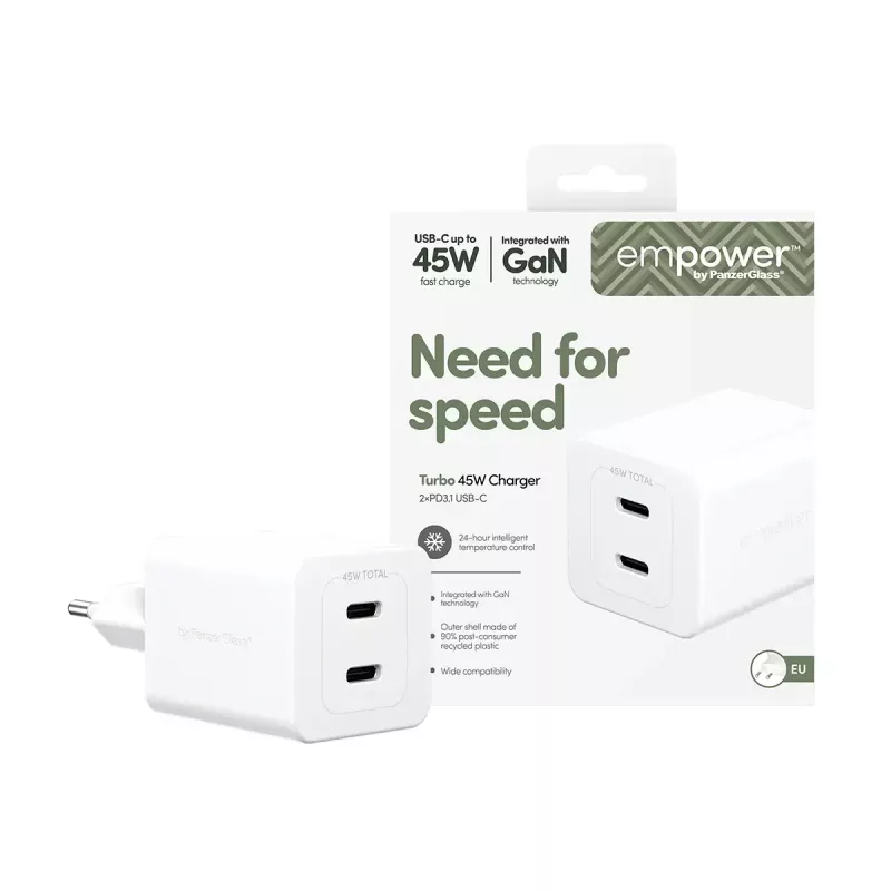 PanzerGlass empower™ by ® Turbo 45W įkroviklis su 2 x USB-C | EU kištukas | sidabriškai baltas