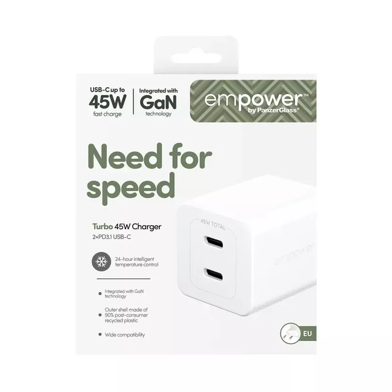 PanzerGlass empower™ by ® Turbo 45W įkroviklis su 2 x USB-C | EU kištukas | sidabriškai baltas