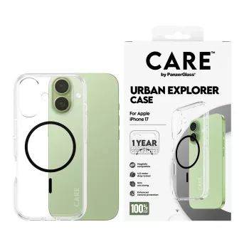 PanzerGlass CARE by Flagship Case Transparent Urban Explorer Black MagSafe dėklas iPhone 17