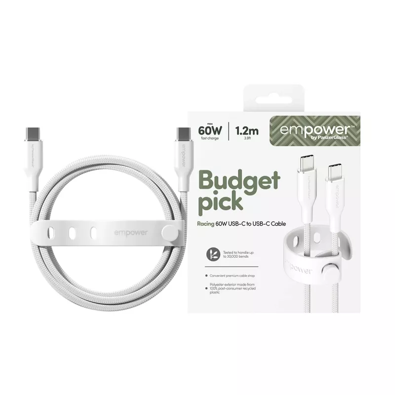 PanzerGlass empower™ by ® Racing USB-C į USB-C laidas 60W | USB 2.0 | 1,2 m | Sidabrinė balta