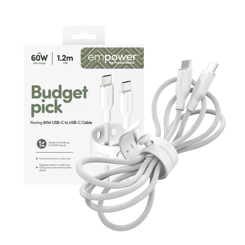 PanzerGlass empower™ by ® Racing USB-C į USB-C laidas 60W | USB 2.0 | 1,2 m | Sidabrinė balta