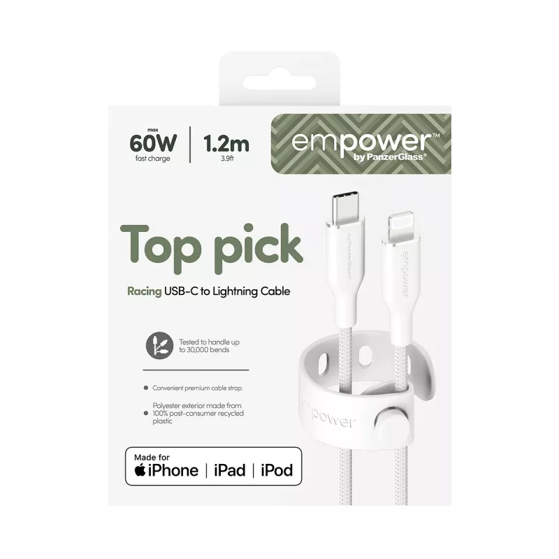 PanzerGlass empower™ by ® Racing 60W USB-C į Lightning laidas | USB 2.0 | 1,2 m | sidabriškai baltas