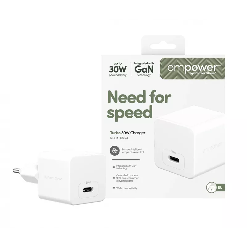 PanzerGlass empower™ by ® Turbo 30W įkroviklis vienas USB-C | EU kištukas | sidabriškai baltas