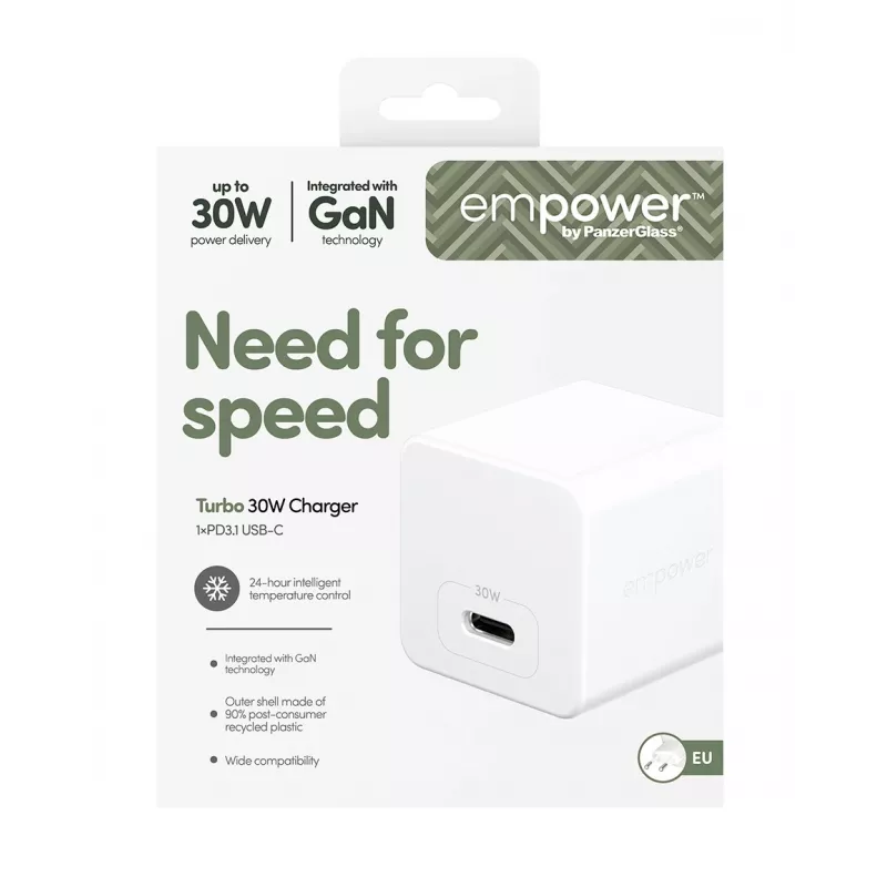 PanzerGlass empower™ by ® Turbo 30W įkroviklis vienas USB-C | EU kištukas | sidabriškai baltas