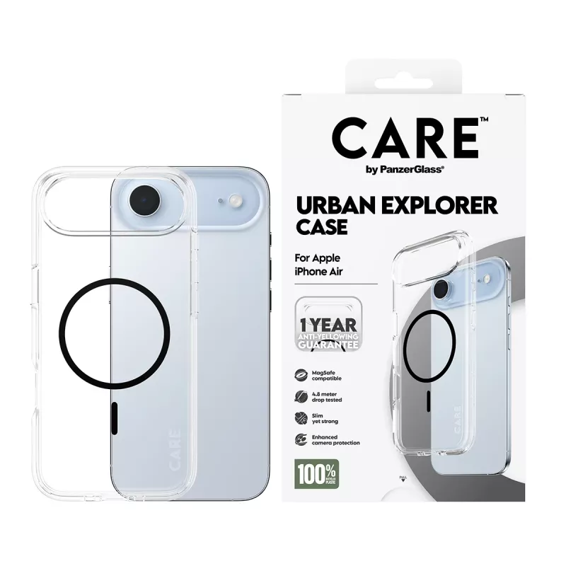 PanzerGlass CARE by Flagship Case nugarėlė iPhone Air, skaidri Urban Explorer su juodu MagSafe