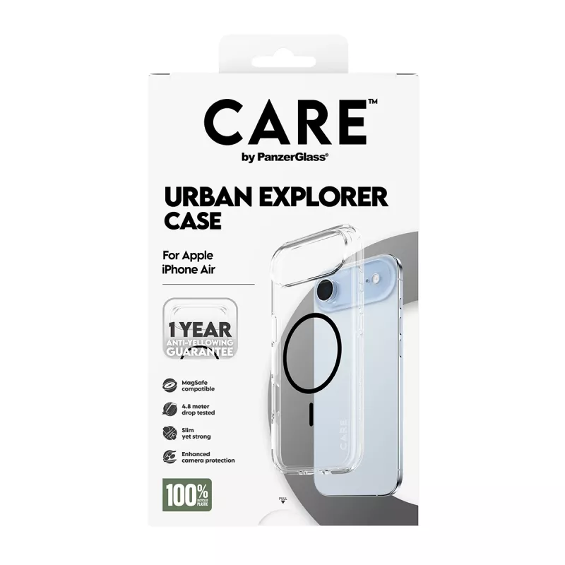 PanzerGlass CARE by Flagship Case nugarėlė iPhone Air, skaidri Urban Explorer su juodu MagSafe