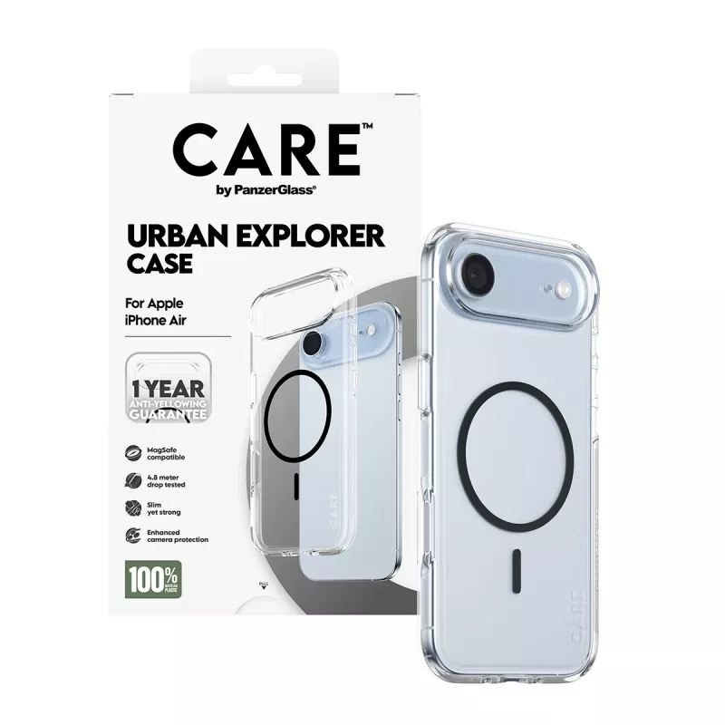 PanzerGlass CARE by Flagship Case nugarėlė iPhone Air, skaidri Urban Explorer su juodu MagSafe