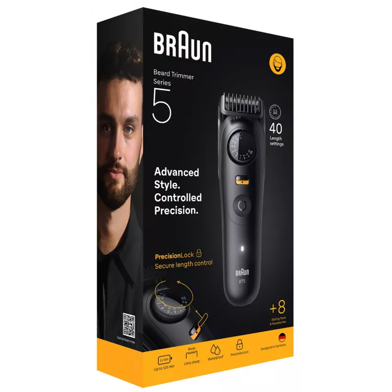 Braun BeardTrimmer 5 BT5560 barzdos kirpimo mašinėlė, baterija, 40 lygių, 2 cm, šlapiam ir sausam naudojimui, juoda