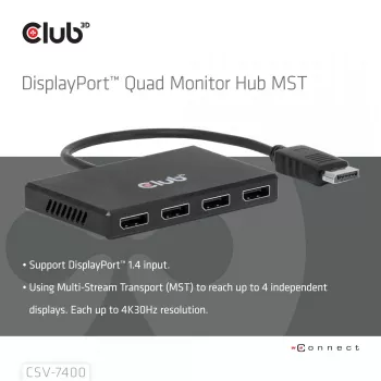 CLUB3D Quad DisplayPort™ Hub – 4 x 4K raiška @ 30Hz, MST palaikymas
