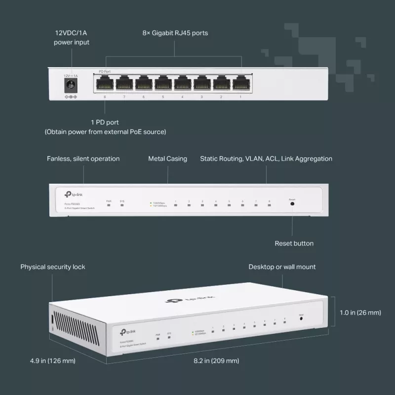 TP-Link Festa FS308G valdomas L2/L2+ Gigabit Ethernet (10/100/1000) maitinimas per Ethernet (PoE) baltas