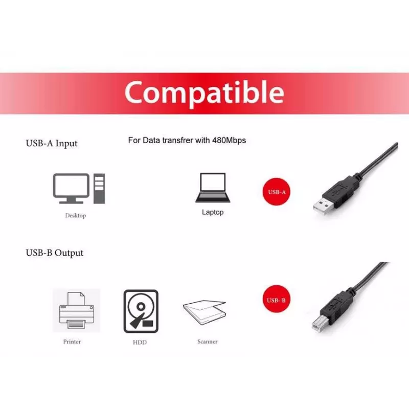Equip USB 2.0 tipo A į tipo B laidas, 2,0 m, juodas