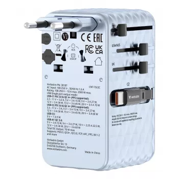 Verbatim Charge 'n' Travel 70W 2C įtraukiamas universalus kelioninis adapteris mėlynas