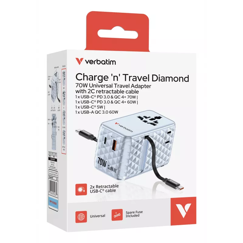 Verbatim Charge 'n' Travel 70W 2C įtraukiamas universalus kelioninis adapteris mėlynas