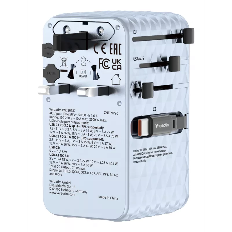 Verbatim Charge 'n' Travel 70W 2C įtraukiamas universalus kelioninis adapteris mėlynas