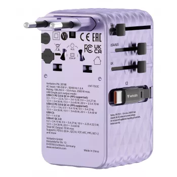 Verbatim Charge 'n' Travel 70W 2C Universalus kelioninis adapteris su įtraukiamais laidais, violetinis