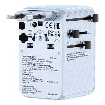 Verbatim Charge 'n' Travel 100W Universalus kelioninis adapteris su įtraukiamu USB-C laidu, mėlynas