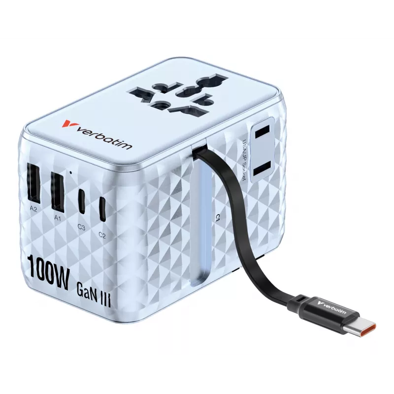 Verbatim Charge 'n' Travel 100W Universalus kelioninis adapteris su įtraukiamu USB-C laidu, mėlynas