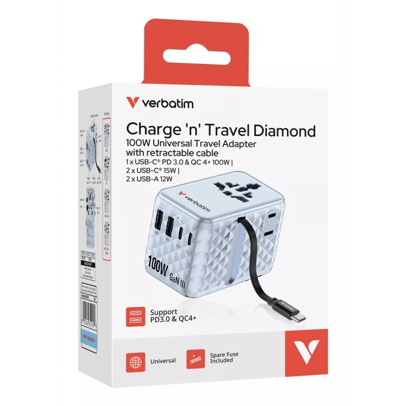 Verbatim Charge 'n' Travel 100W Universalus kelioninis adapteris su įtraukiamu USB-C laidu, mėlynas
