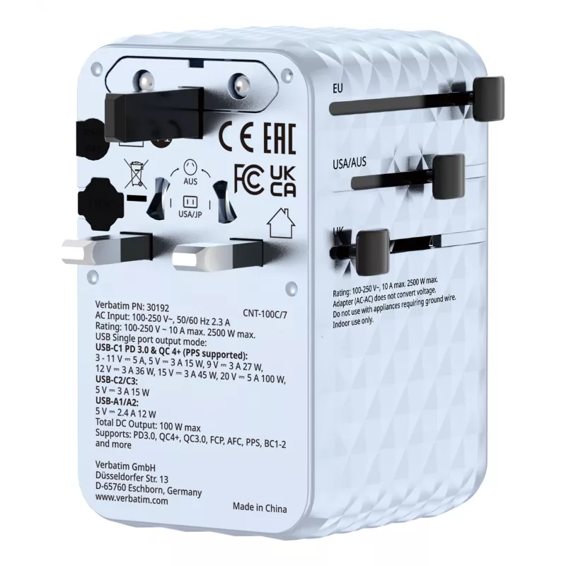 Verbatim Charge 'n' Travel 100W Universalus kelioninis adapteris su įtraukiamu USB-C laidu, mėlynas