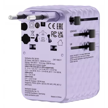 Verbatim Charge 'n' Travel 100W Universalus kelioninis adapteris su įtraukiamu USB-C kabeliu violetinis