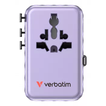 Verbatim Charge 'n' Travel 100W Universalus kelioninis adapteris su įtraukiamu USB-C kabeliu violetinis
