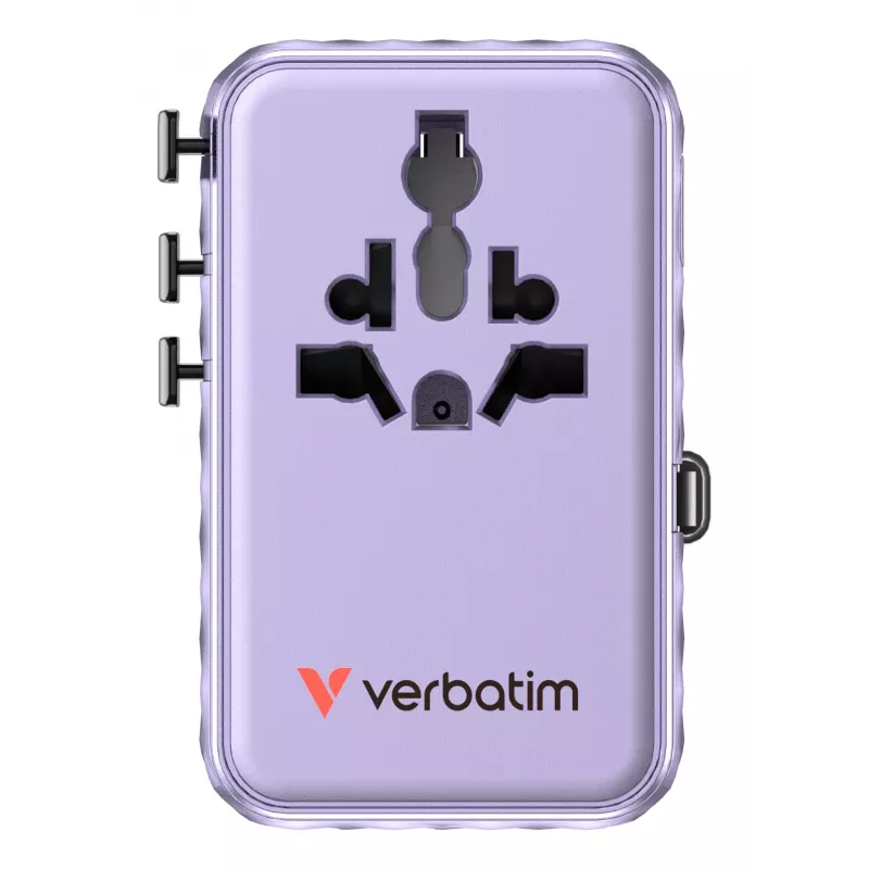 Verbatim Charge 'n' Travel 100W Universalus kelioninis adapteris su įtraukiamu USB-C kabeliu violetinis