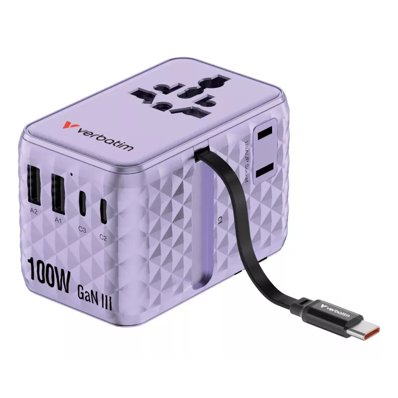 Verbatim Charge 'n' Travel 100W Universalus kelioninis adapteris su įtraukiamu USB-C kabeliu violetinis