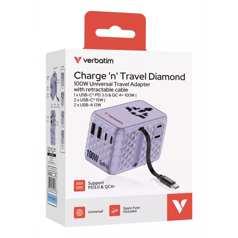 Verbatim Charge 'n' Travel 100W Universalus kelioninis adapteris su įtraukiamu USB-C kabeliu violetinis