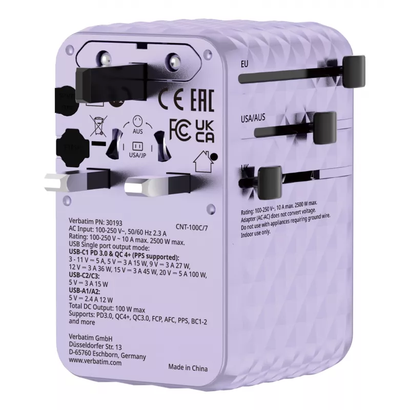 Verbatim Charge 'n' Travel 100W Universalus kelioninis adapteris su įtraukiamu USB-C kabeliu violetinis