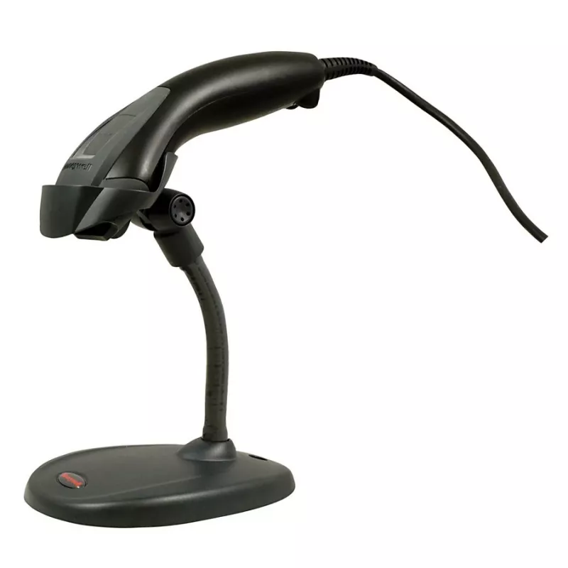 HONEYWELL brūkšninių kodų skaitytuvas Voyager 1200g USB rinkinys – juodas skaitytuvas 1200g, kietas stovas, suvyniotas USB A tipo kabelis 3 m