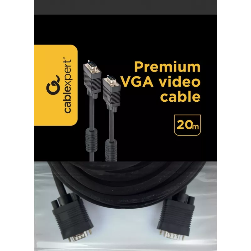 GEMBIRD Premium VGA laidas HD15M/HD15M – dvigubai ekranuotas su 2 ferito žiedais 20m – juodas