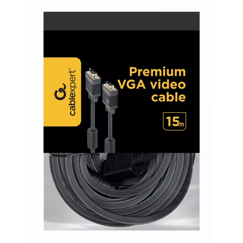 GEMBIRD Premium VGA kabelis HD15M/HD15M dvigubai ekranuotas su 2 ferito žiedais 15m - Juodas