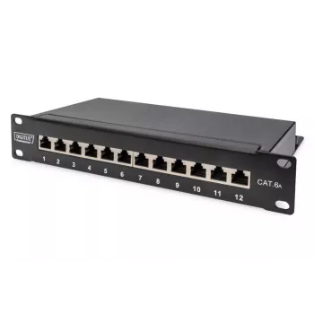 DIGITUS CAT6A Patch Panel, ekranuotas, 12 prievadų, etikečių laukas, 1U, 10 colių stovo montavimui, juodas RAL 9005