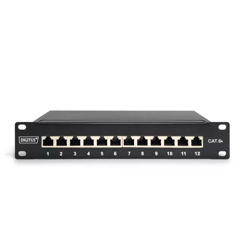 DIGITUS CAT6A Patch Panel, ekranuotas, 12 prievadų, etikečių laukas, 1U, 10 colių stovo montavimui, juodas RAL 9005