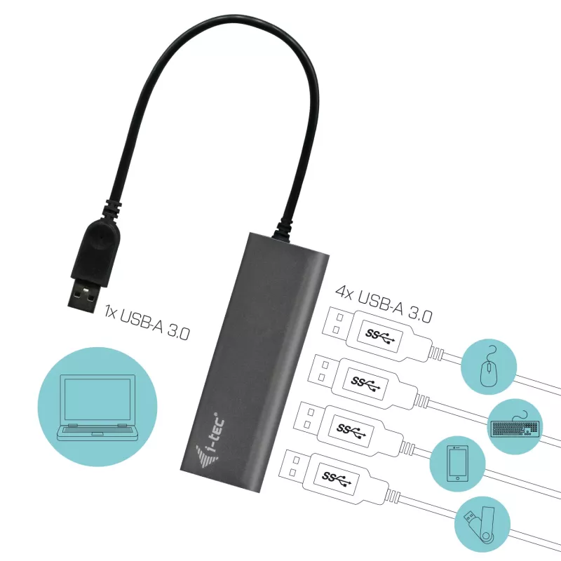 USB 3.0 4 prievadų metalinis šakotuvas i-tec Metal Superspeed 5000 Mbit/s pilka